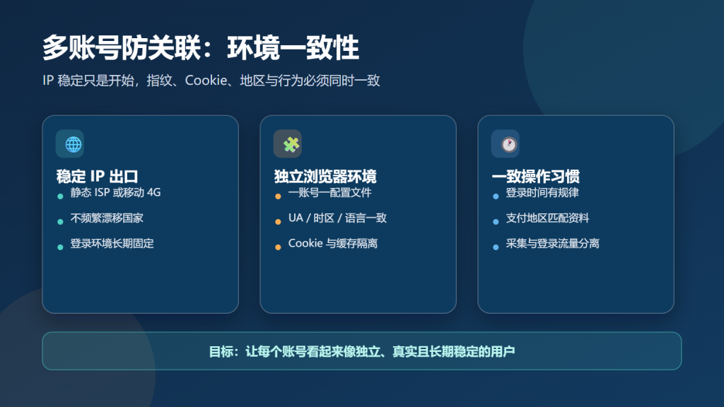 多账号防关联需要保持 IP、指纹、地区和操作环境一致